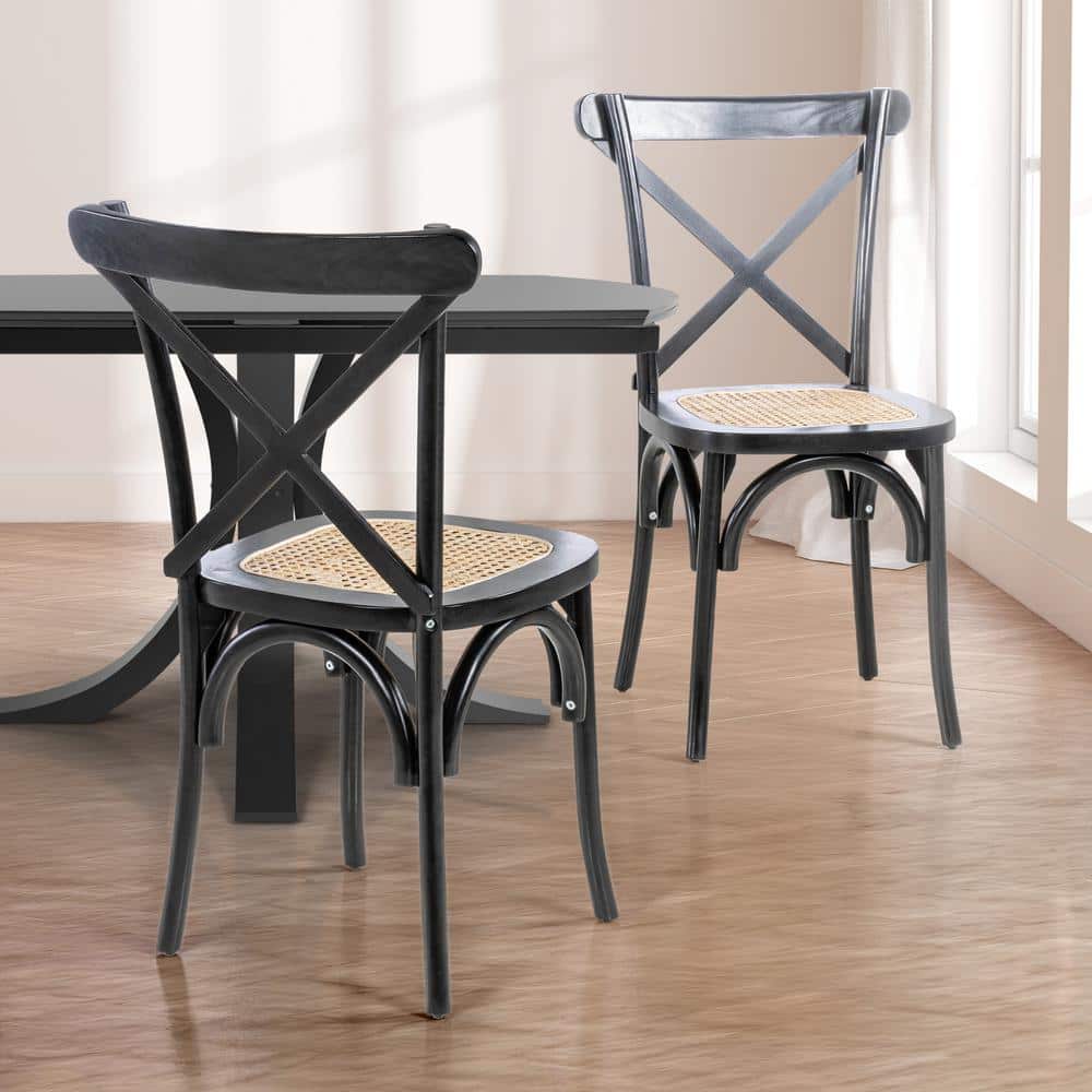Black High Cross Back Rattan Cane Side Chair Set