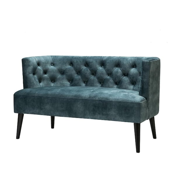 Unbranded 49 in. Width Blue Polyester Seats Loveseat with Tufted Back and Wooden Legs