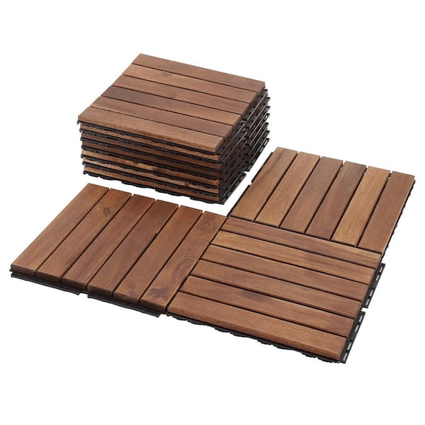 Huluwat 12 in. x 12 in. Square Solid Wood Striped Pattern Patio Deck Tiles, Brown (10-Pieces)