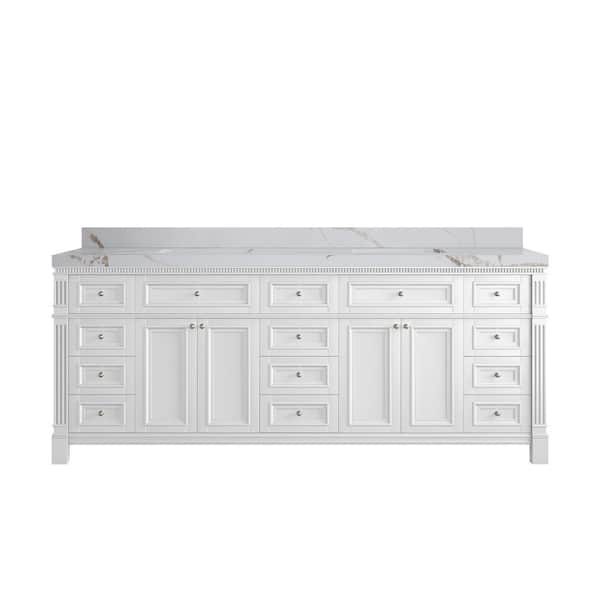 Paris 84 in. W x 22 in. D x 36 in. H Double Sink Bath Vanity in White with 2 in. Calacatta Gold qt. Top