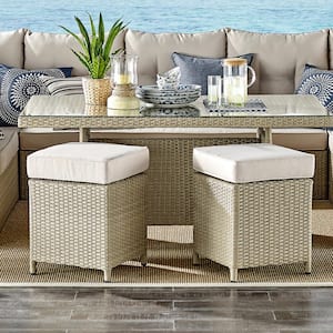 Canaan Brown All-Weather Wicker Outdoor Square Ottoman with Cream Cushion (Set of 2)