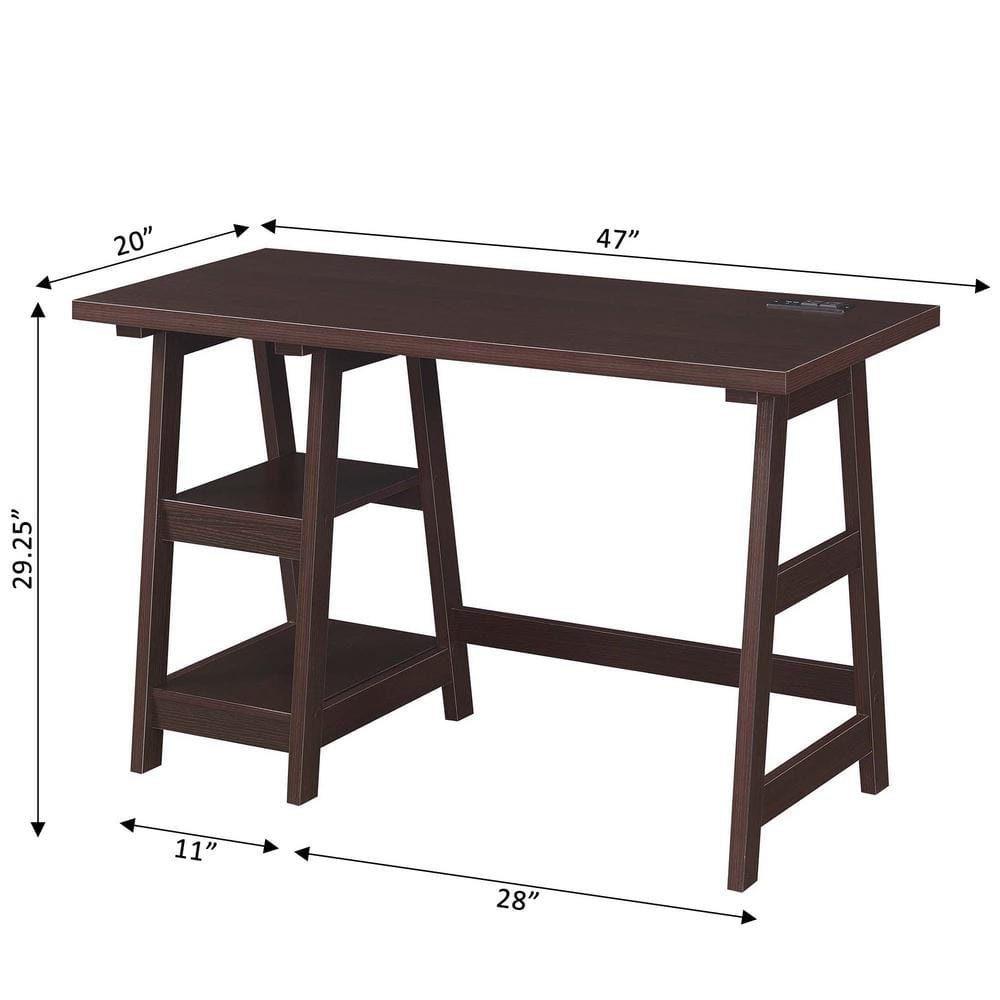 Espresso Wood Trestle Desk with USB Charging Station