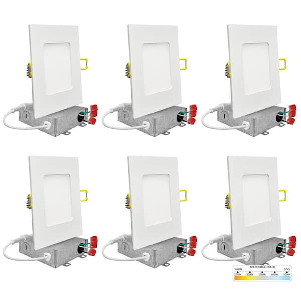 NuWatt 6 in. White Square Slim Canless Integrated LED Recessed Light Kit 5 Color Selectable 2700K to 5000K Dimmable (6-Pack)