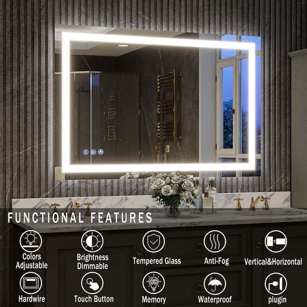 32 in. W x 48 in. H LED Light Anti-Fog Rectangular Frameless Wall Bathroom Vanity Mirror White