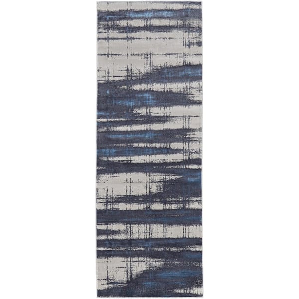 2 ft. x 8 ft. Ivory, Blue Abstract Runner Rug