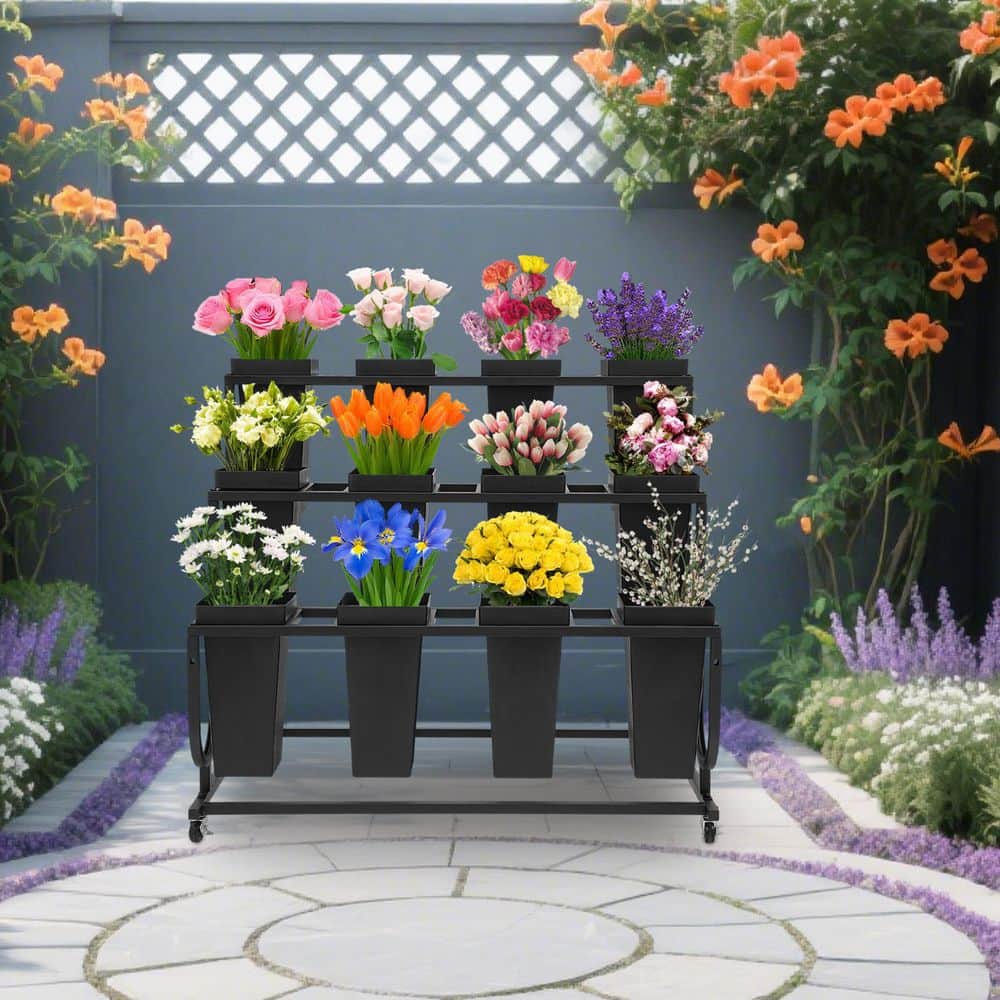 YIYIBYUS Black Metal 3-Tier Flower Display Stand Flower Shop