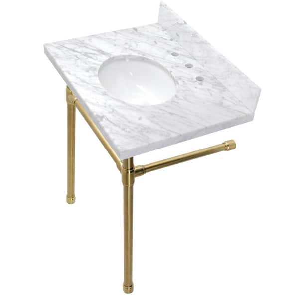 Dreyfuss 30 in. Carrara Marble Console Vanity Top with Stainless Steel Legs in Brushed Brass