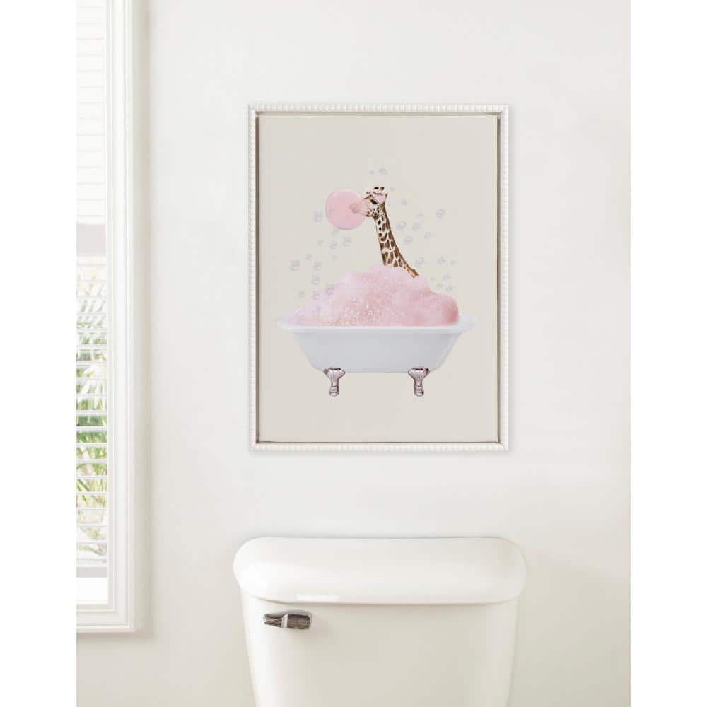 Whimsical Giraffe in Bathtub White Framed Canvas Art Print