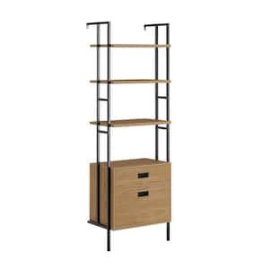 New Hyde 74.882 in. H Serene Walnut Finish Engineered Wood 4-Shelf Wall Mounted Bookcase with Drawers