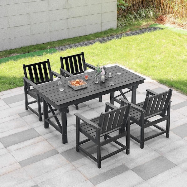 Black 5-Piece HDPE Plastic Patio Outdoor Dining Set with Arm Chairs and Rectangular Table