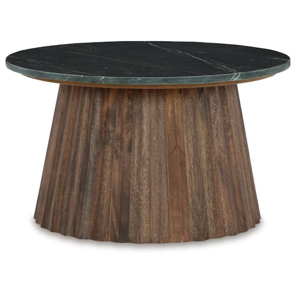 Signature Design By Ashley Ceilby 26 in. Black/Brown Round Marble Coffee Table with Solid Wood