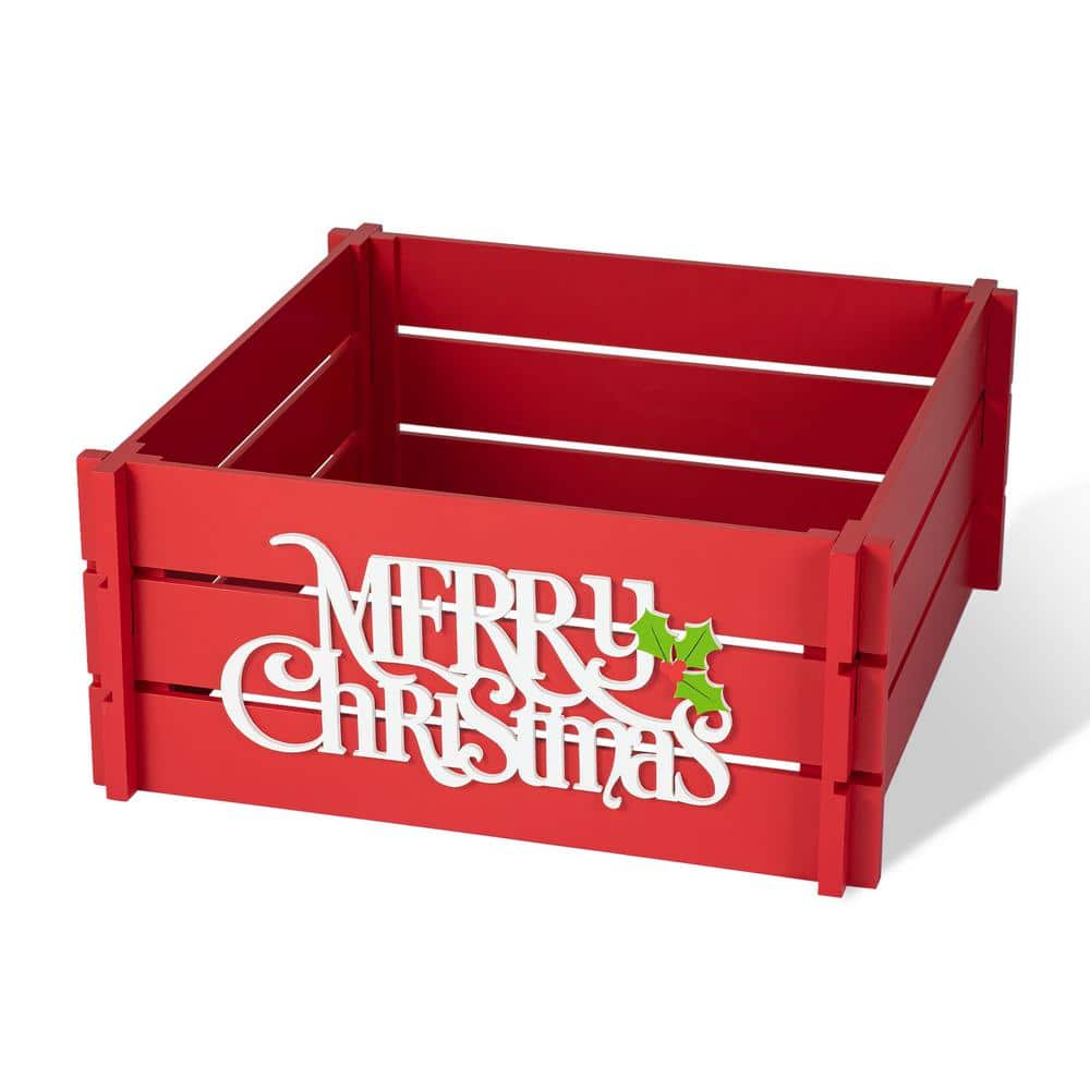 Glitzhome 24 in. L Red "MERRY CHRISTMAS" Wooden Crate Tree Collar