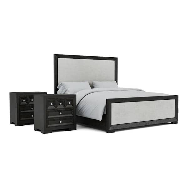 Potra 3-Piece Weathered Black Wood Frame King Panel Bedroom Set with USB on Nightstand and Felt-Lined Top Drawers