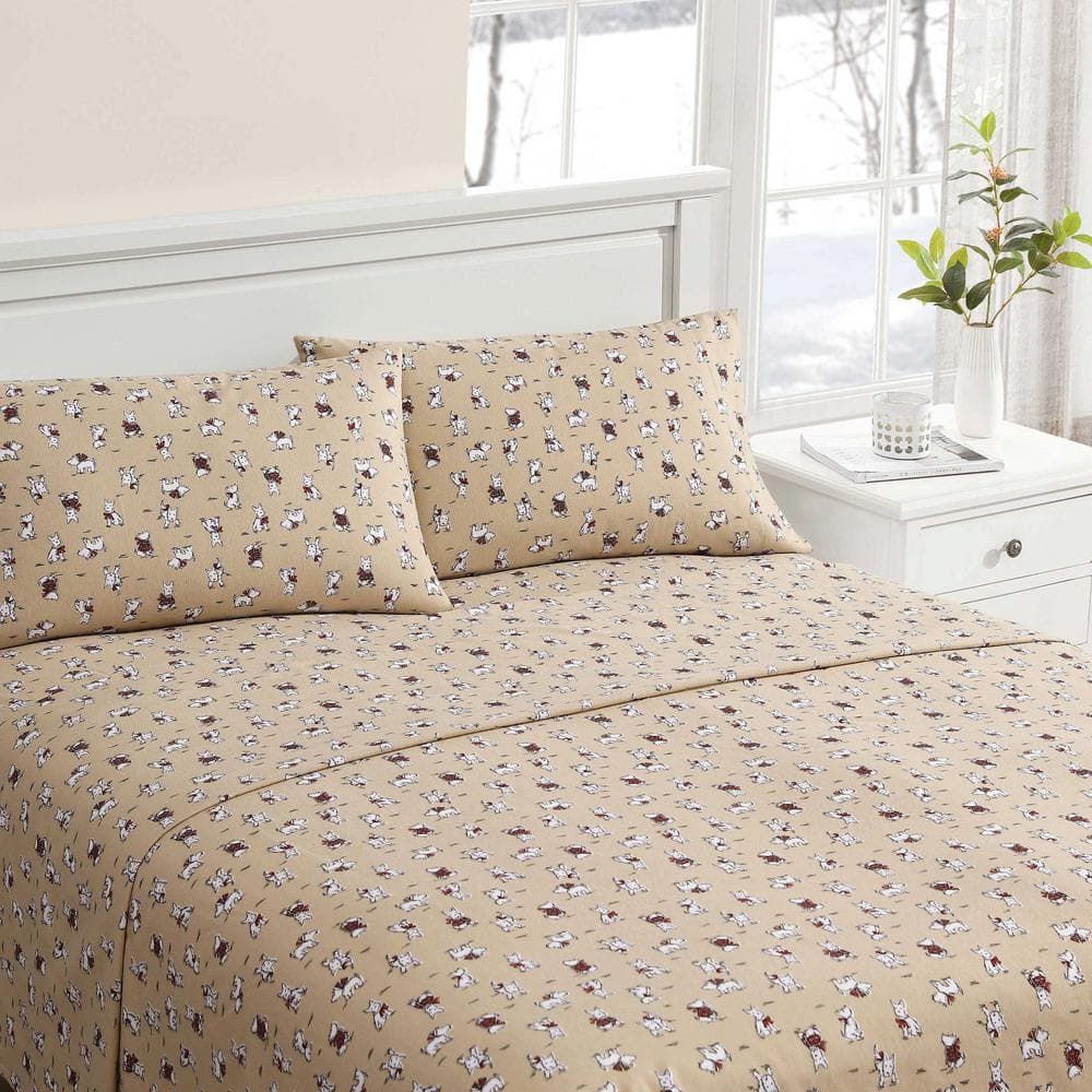 Holiday Scottie Beige Cotton Flannel Twin Bedding Set
