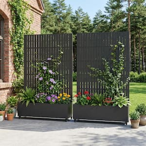 72 in. H x 47 in. W x 16 in. L Metal Black Rectangle Pots and Planter Raised Box with Trellis (Set of 2)