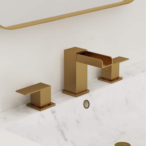 8 in. Widespread Double Handle Waterfall Bathroom Sink Faucet with Waterfall Spout in Brushed Gold (Valve Included)