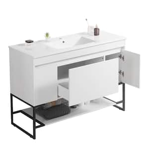 48 in. W x 18 in. D x 33 in. H Single Sink Freestanding Bath Vanity in White with White Ceramic Top, Lower Open Shelves