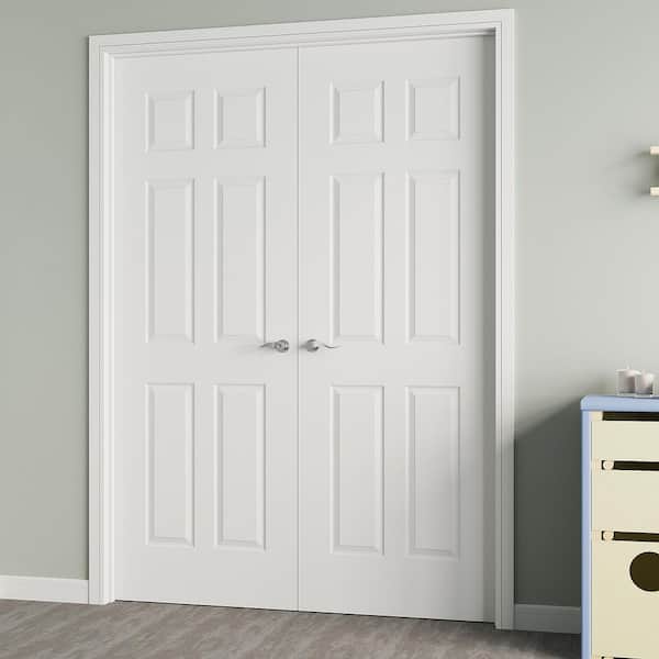 56 in. x 80 in. Universal-Handed 6-Panel Painted Solid Core Wood Assembly Required Double French Door with Jamb