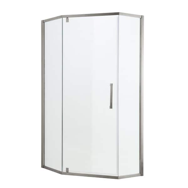 RAINLEX 34.12 in. W x 72 in. H Neo-Angle Pivot Semi Frameless Corner Shower Enclosure in Brushed Nickel Finish with Clear Glass