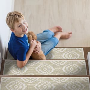 Flower Light Beige 9 in. x 28 in. Cotton Carpet Stair Tread Cover (Set of 13)