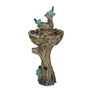 35.4 in. Concrete Garden Outdoor Fountain with Birds, Woodland Tree Trunk Decoration Yard Statue for Patio, Lawn, Yard