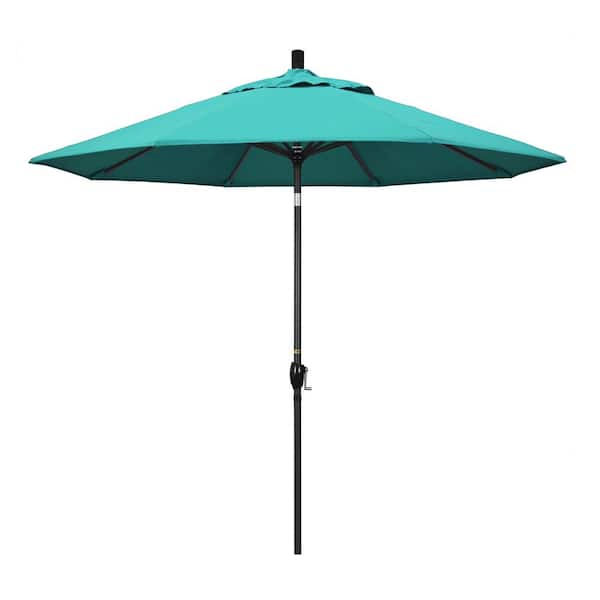 California Umbrella 9 ft. Stone Black Aluminum Push Button Tilt Crank Lift Market Patio Umbrella in Aruba Sunbrella