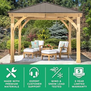 Meridian 10 ft. x 10 ft. Premium Cedar Outdoor Patio Shade Gazebo with a 10 ft. Privacy Wall and Brown Aluminum Roof