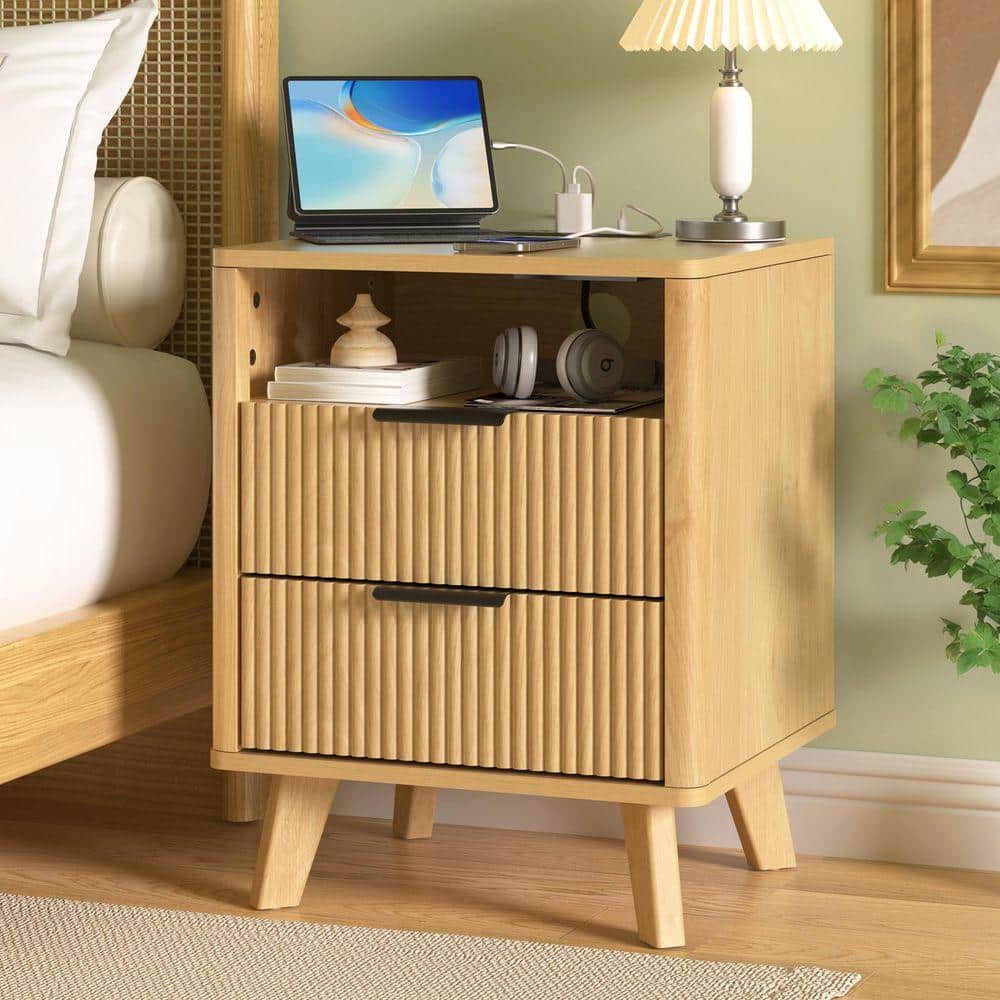 Hommpa 17.7 in. W 2-Drawer Wood Nightstand with Charging Station