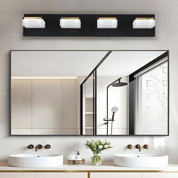 25.59 in. 4-Light Black LED Vanity Light Bar with Dimmable 5500K Light and 270° Swivel Range Acrylic Lampshade