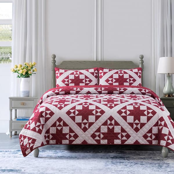 French Classic King Quilt Set Country Farmhouse Red Toile 3-Piece Bedding Set 