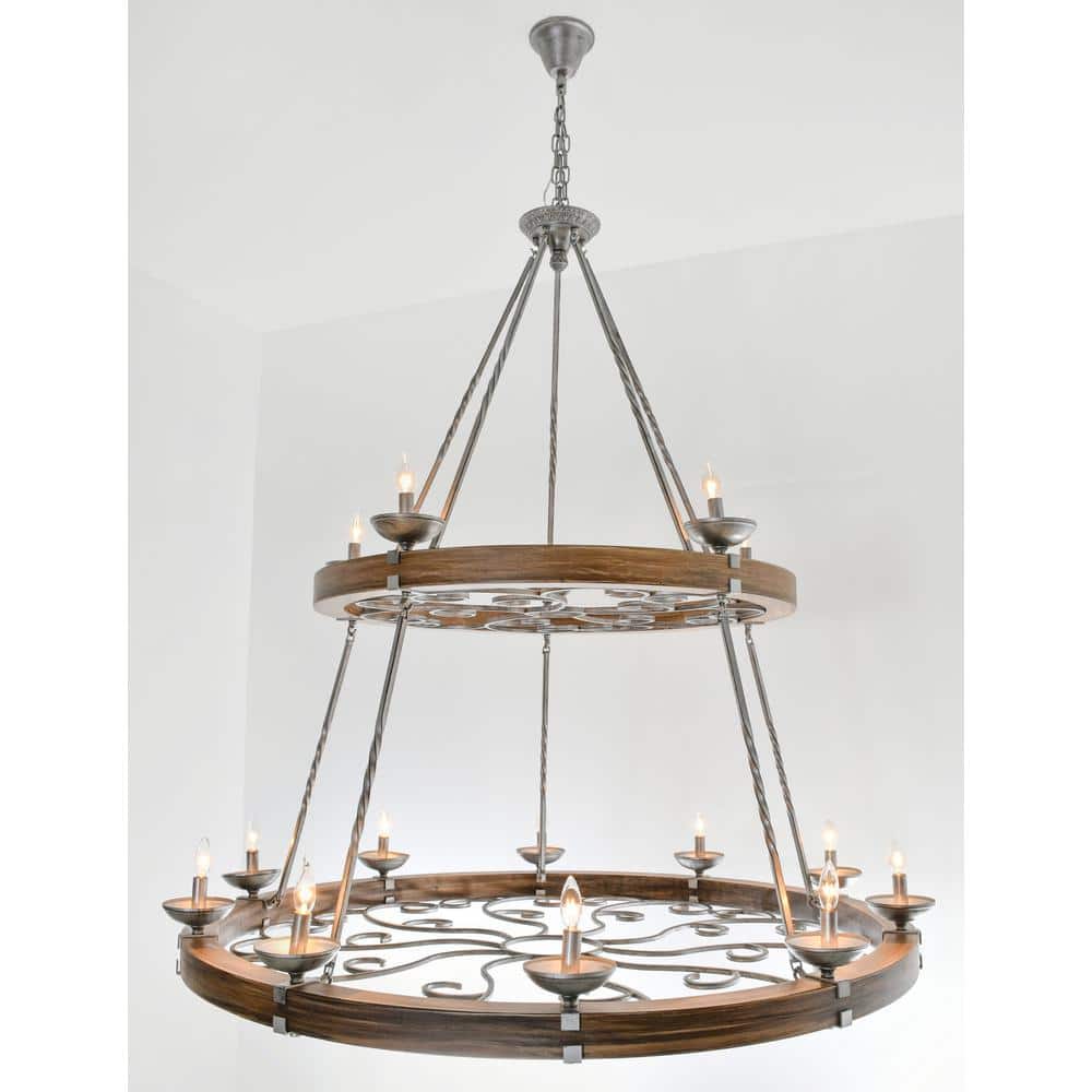 Two-Tier Brown Distressed Wood and Metal Empire Chandelier