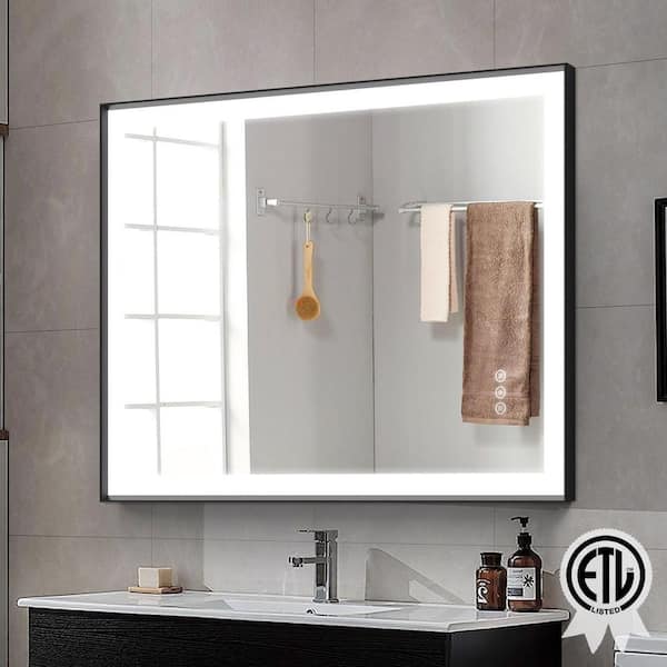 40 in.W x 32 in.H Rectangular Black Aluminum Framed Anti Fog LED Lighted Modern Wall Bathroom Vanity Mirror in Tempered
