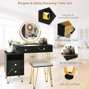 Vanity Table Stool Set Dimmer LED Mirror Large Storage Cabinet Drawer Black