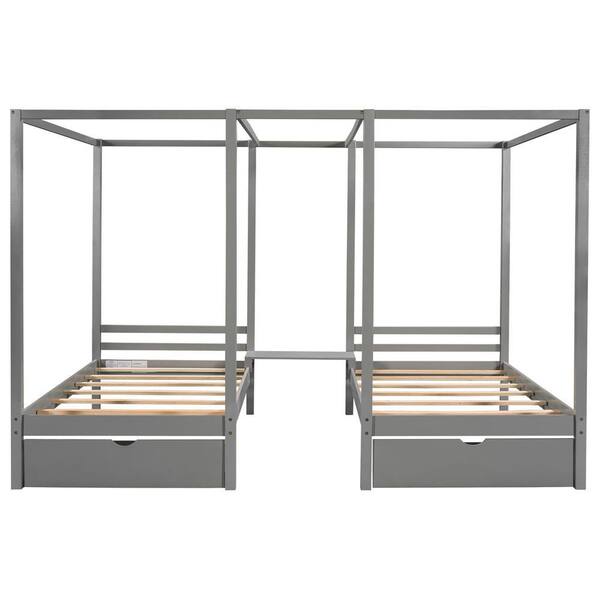 Angel Sar Gray Wood Frame Twin Size Canopy Bed Double Platform Beds with 2 Drawers and Built-in Little Table