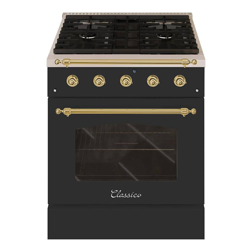 CLASSICO 30 in. 4.2 Cu.Ft. 4 Burner Freestanding All Gas Range with Gas Stove, Gas Oven, Matte Graphite with Brass Trim -  Hallman, HCLRG30BSMG