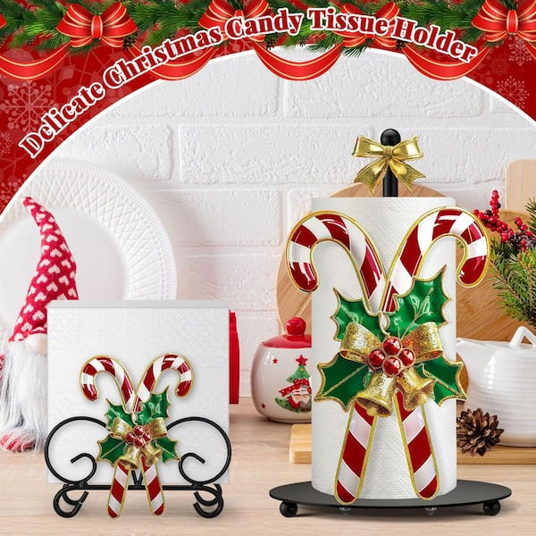 2-Pieces Christmas Candy Cane Countertop Red and Green with Gold Accent Metal Paper Towel Holder, Holiday Bathroom Decor