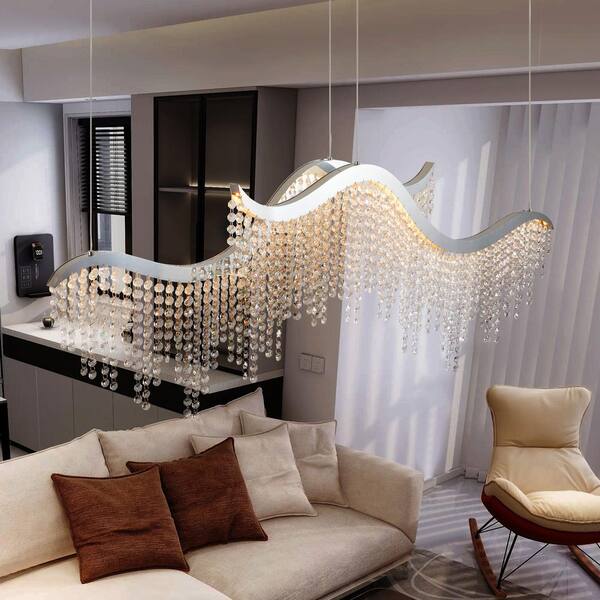 Jushua 36 in. 1-Light Modern Silver Wave K9 Crystal LED Chandelier