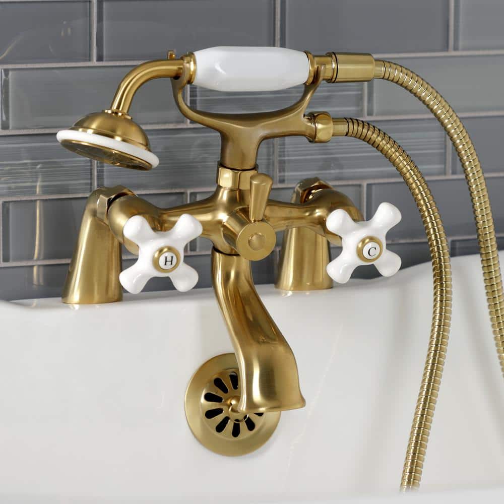 Brushed Brass Deck Mount Clawfoot Tub Faucet with Hand Shower