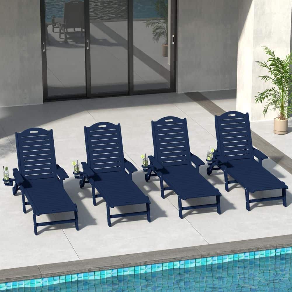 Brighton Outdoor Patio Navy Blue Poly Plastic Set of 4 Reclining Chaise Lounge Cup Holder Pool Chairs w/ Wheels price history on PriceWatchPro