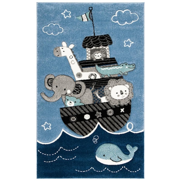 SAFAVIEH Carousel Kids Blue/Gray Doormat 2 ft. x 4 ft. Animal Print Area Rug