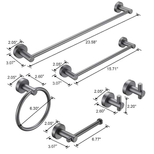 Gluon 6-Piece Bath Hardware Set with Towel Bar x2, Toilet Paper Holder, Robe Towel Hook x2 and Towel Ring in Grey