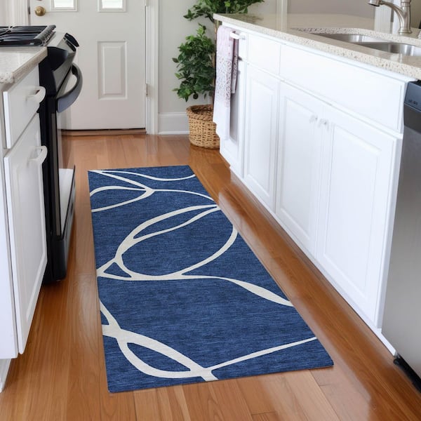 Mayfield Premium Machine Washable Abstract AMF999 Navy 2 ft. 3 in. x 7 ft. 6 in. Runner Rug