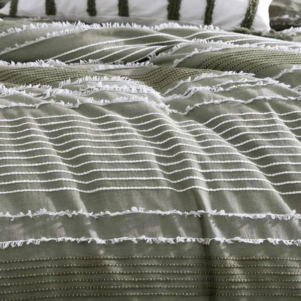 Meo Green and White Jacquard Stripe King Cotton Comforter Set