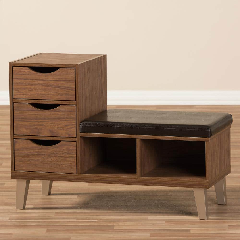 Walnut Brown Shoe Storage Bench with Faux Leather Seat