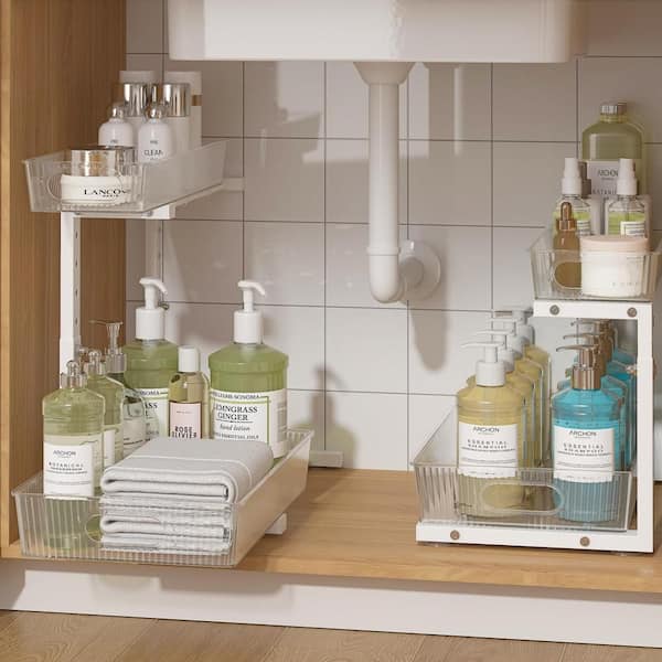 2-Tier Pull Out Kitchen Sink Organizer for Kitchen, Bathroom, Cabinet Organizers and Storage, White (Pack of 2)
