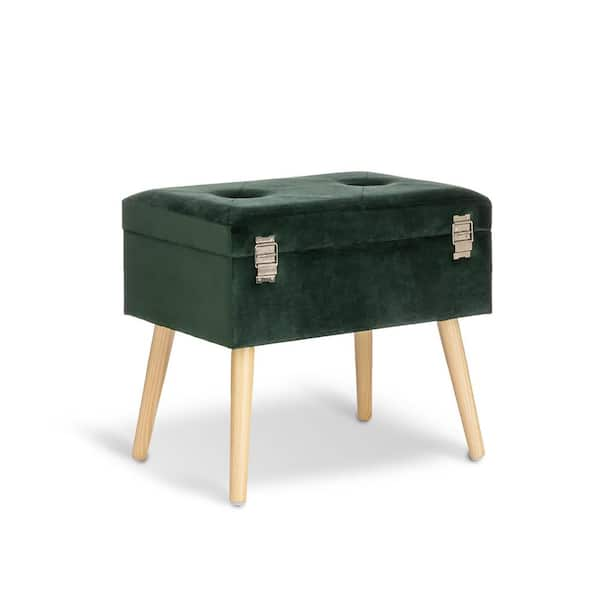 Glitzhome 19.69 in. L Hunter Velvet Green Upholstered Storage Stool