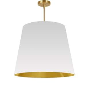 Oversized Drum 1-Light Aged Brass Pendant with White and Gold Fabric Shade