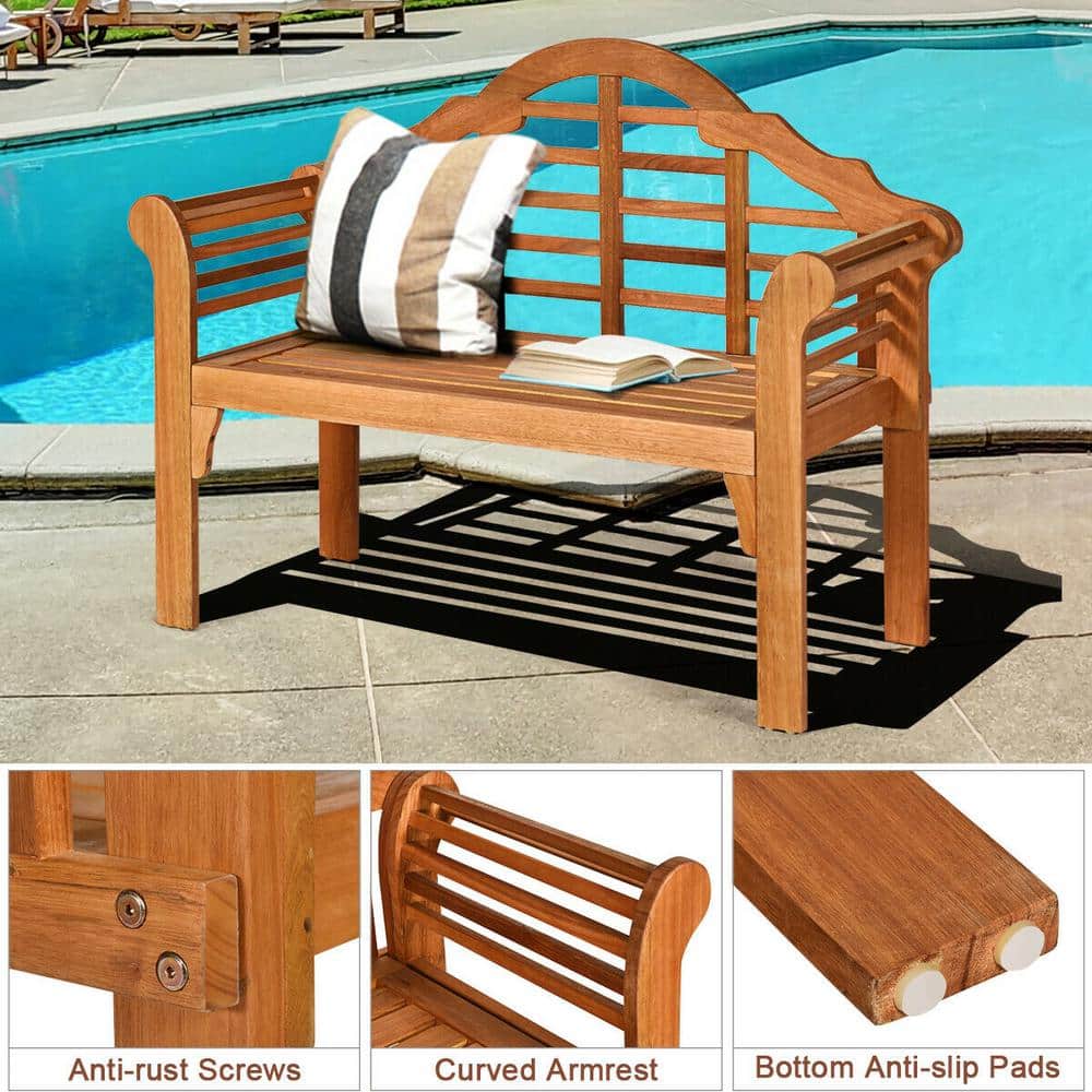 49" Eucalyptus Wood Outdoor Folding Bench with Backrest and Armrest