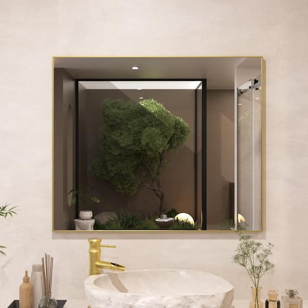 JimsMaison 36 in. W x 30 in. H Rectangular Aluminum Framed Wall Bathroom Vanity Mirror in Brushed Gold