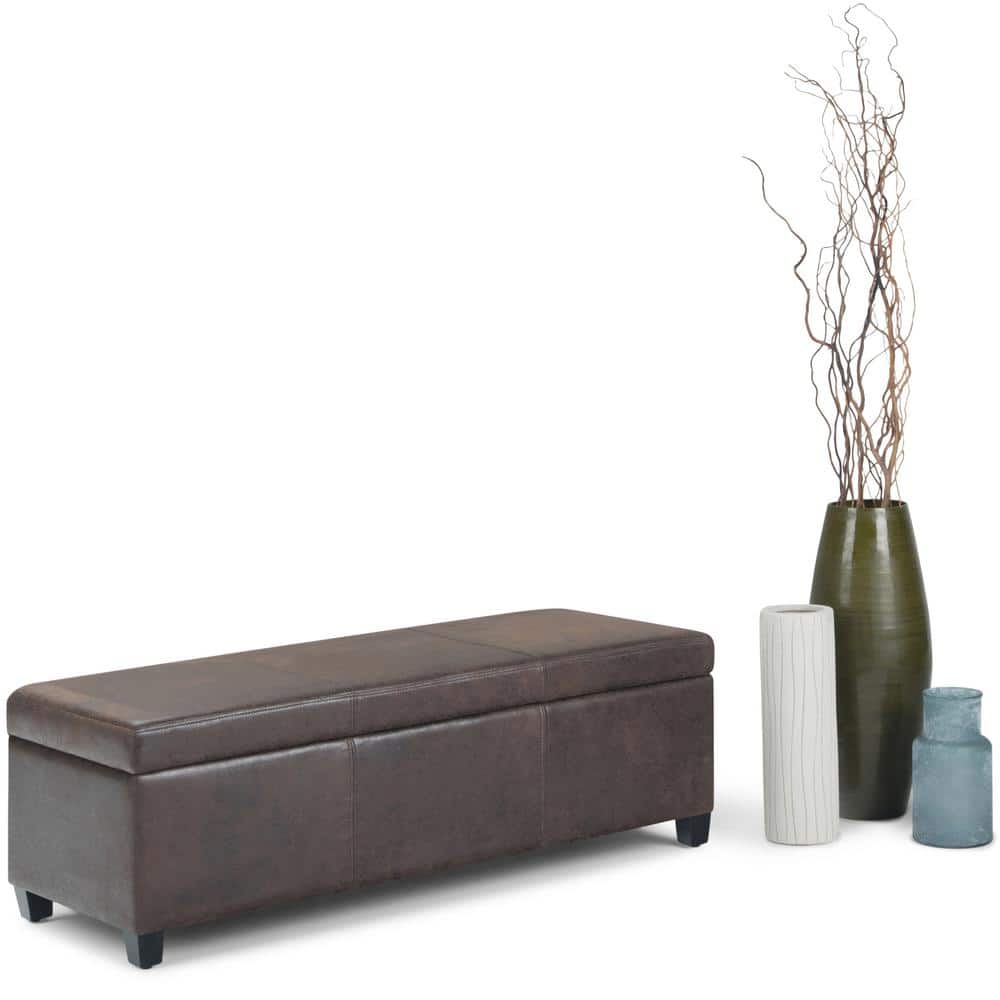Distressed Brown Faux Leather Storage Ottoman Bench